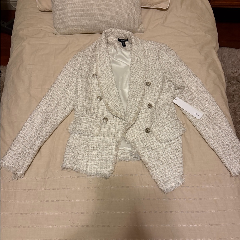 NWT Aqua Cream Woven Tweed Double-Breasted Blazer